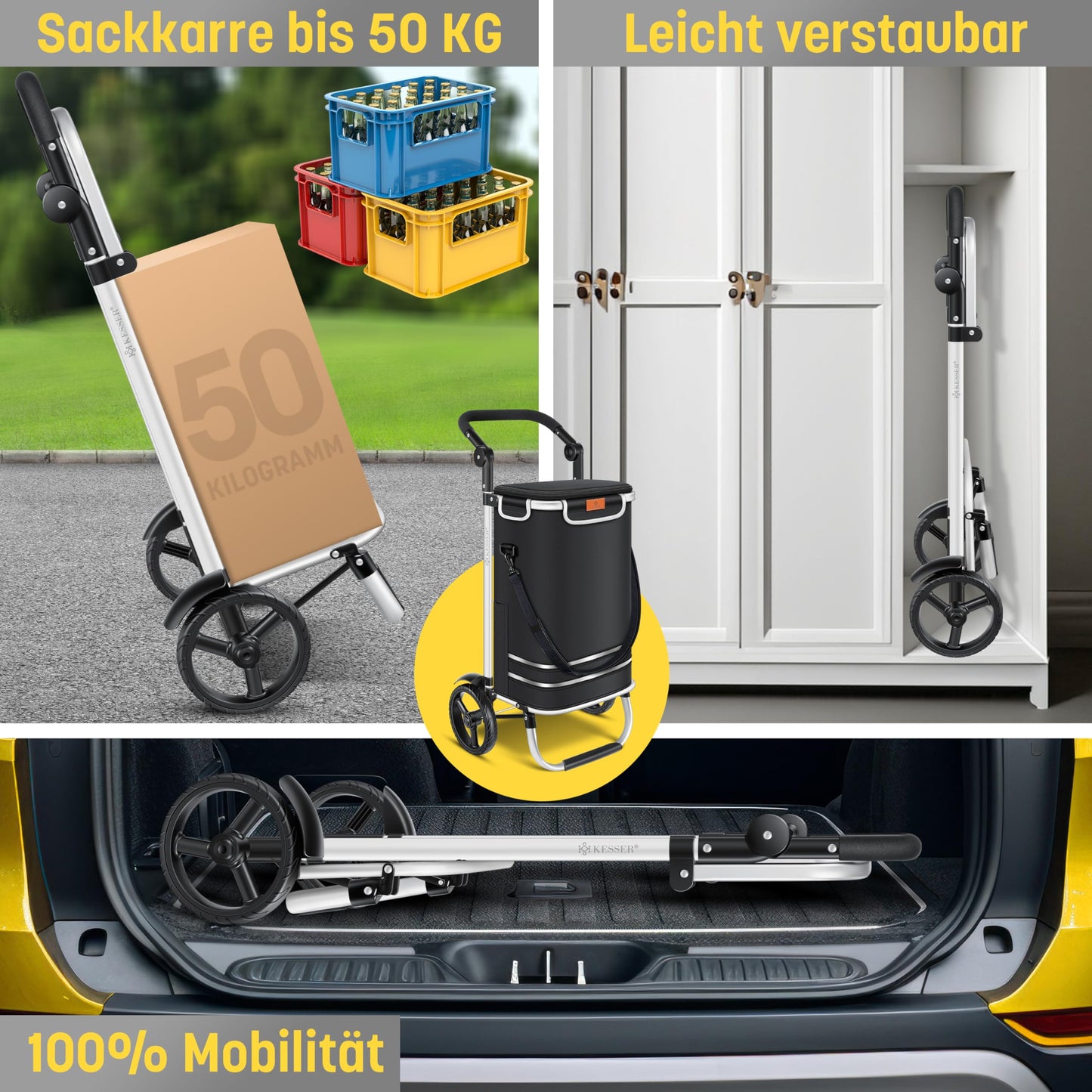 KESSER® Folding shopping trolley with 56L capacity and loadable up to 50kg | 3in1 trolley hand truck & shoulder bag | Foldable shopping cart including cooler compartment & shopping chip | Stair climber black