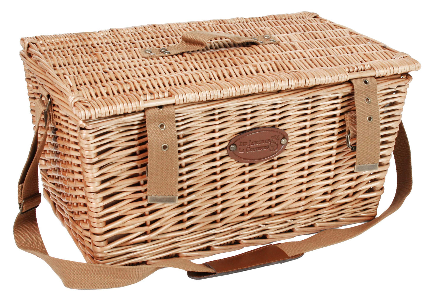 The Countess's Gardens - Picnic basket in wicker Concorde for 6 people, cooler, plates, wine glasses, aluminum timbales, fabric, 50 x 35 x 26 cm.