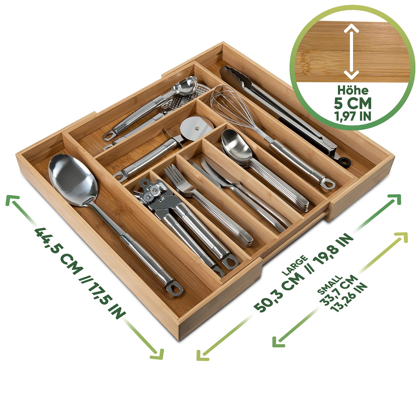 Loco Bird bamboo cutlery tray for drawers, extendable up to 50cm. Adjustable drawer insert for kitchen utensils. Wooden cutlery organizer for kitchen drawers.