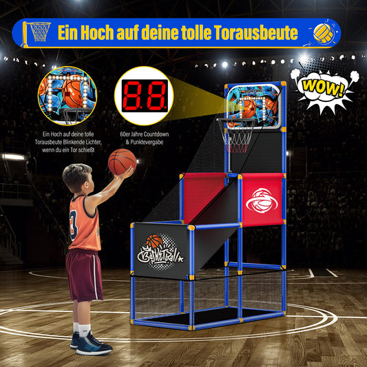 SKERITO Basketball Game Set, including 4 balls and hoops for kids aged 3-12. Ideal for indoor and outdoor sports, easy to set up, with included air pump.