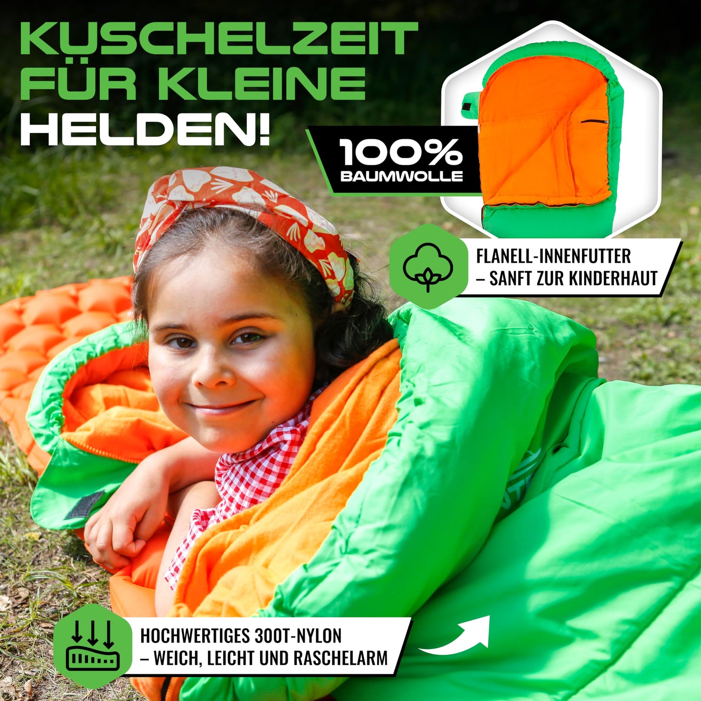 MOUNTREX Kids Sleeping Bag - Portable like a Backpack - Sleeping Bag for Children (175 x 70 x 45 cm) - Outdoor, Travel, Camping - Lightweight & Compact Mummy Sleeping Bag - 100% Cotton Interior.
