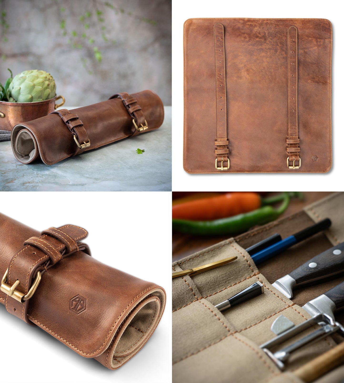 Angus Stoke Chef Knife Bag made of buffalo leather | 14-slot leather knife roll for chefs - Large Duplex Knife Bag (Brown)