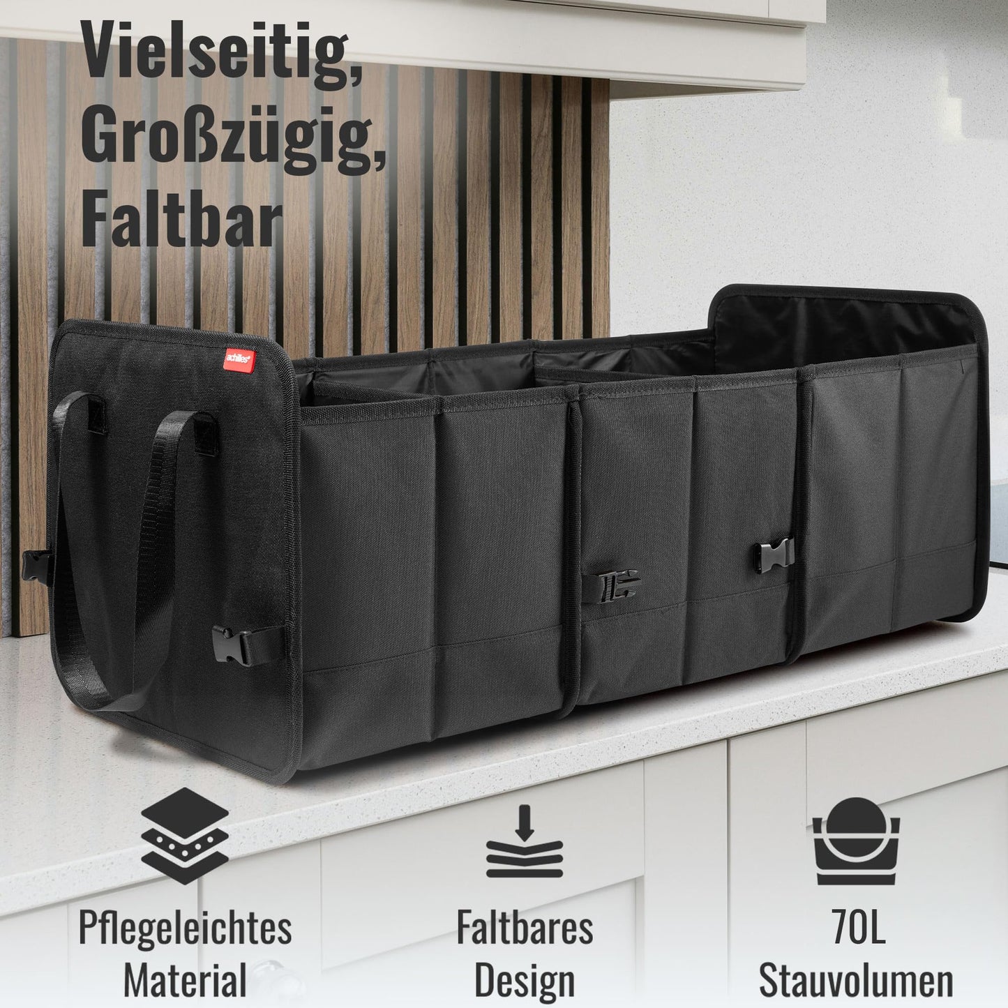 Achilles foldable car trunk box, car organizer, size-adjustable trunk bag, foldable basket, car bag, size-adjustable trunk organizer, velcro attachment on the bottom, 72 x 33 x 30 cm.