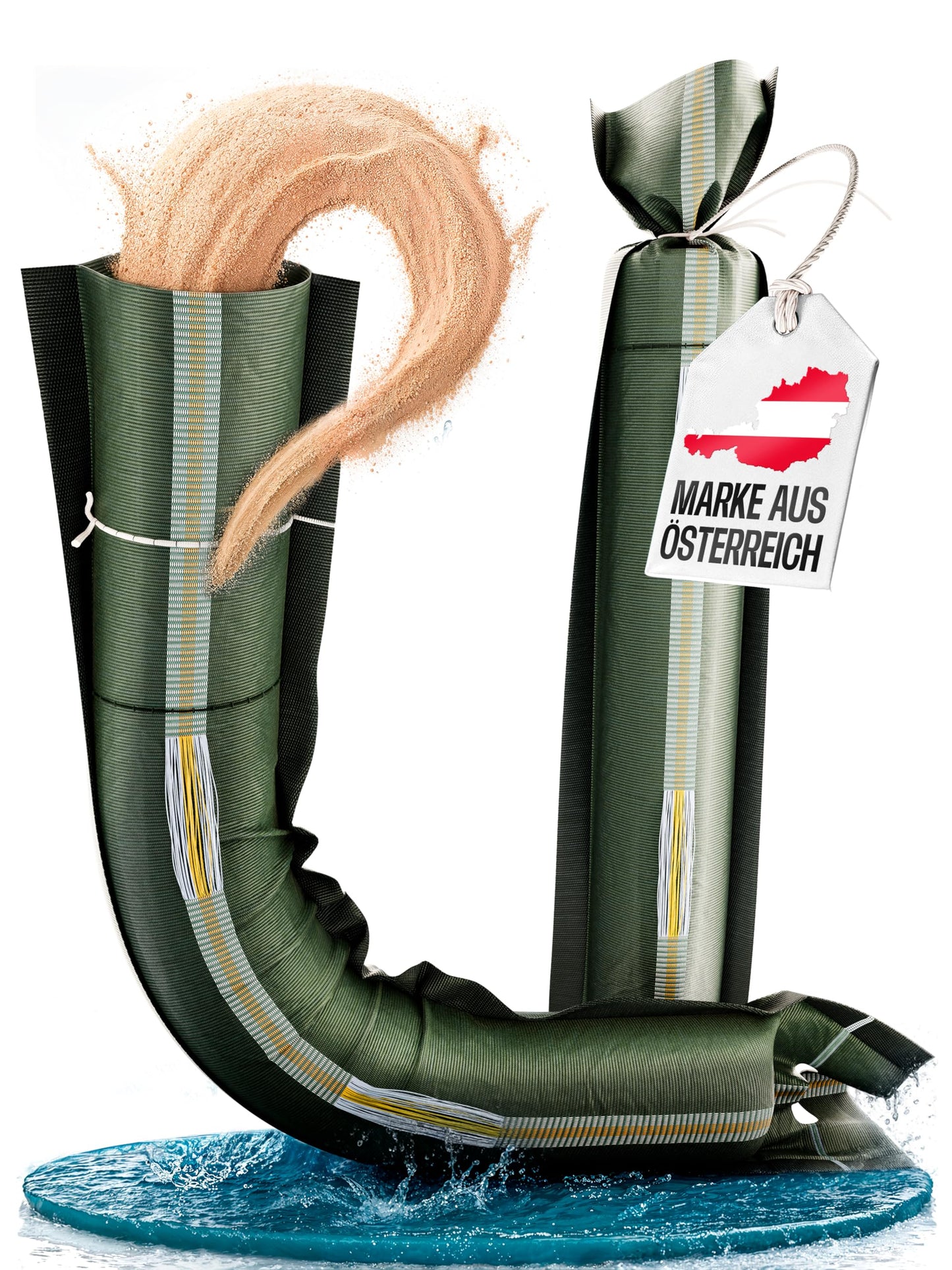 20x sandbags suitable for flood protection, 25cm x 100cm with handles, drawstring, and carrying straps. Ideal for filling with sand, made of UV-resistant high-quality monofilament fabric.