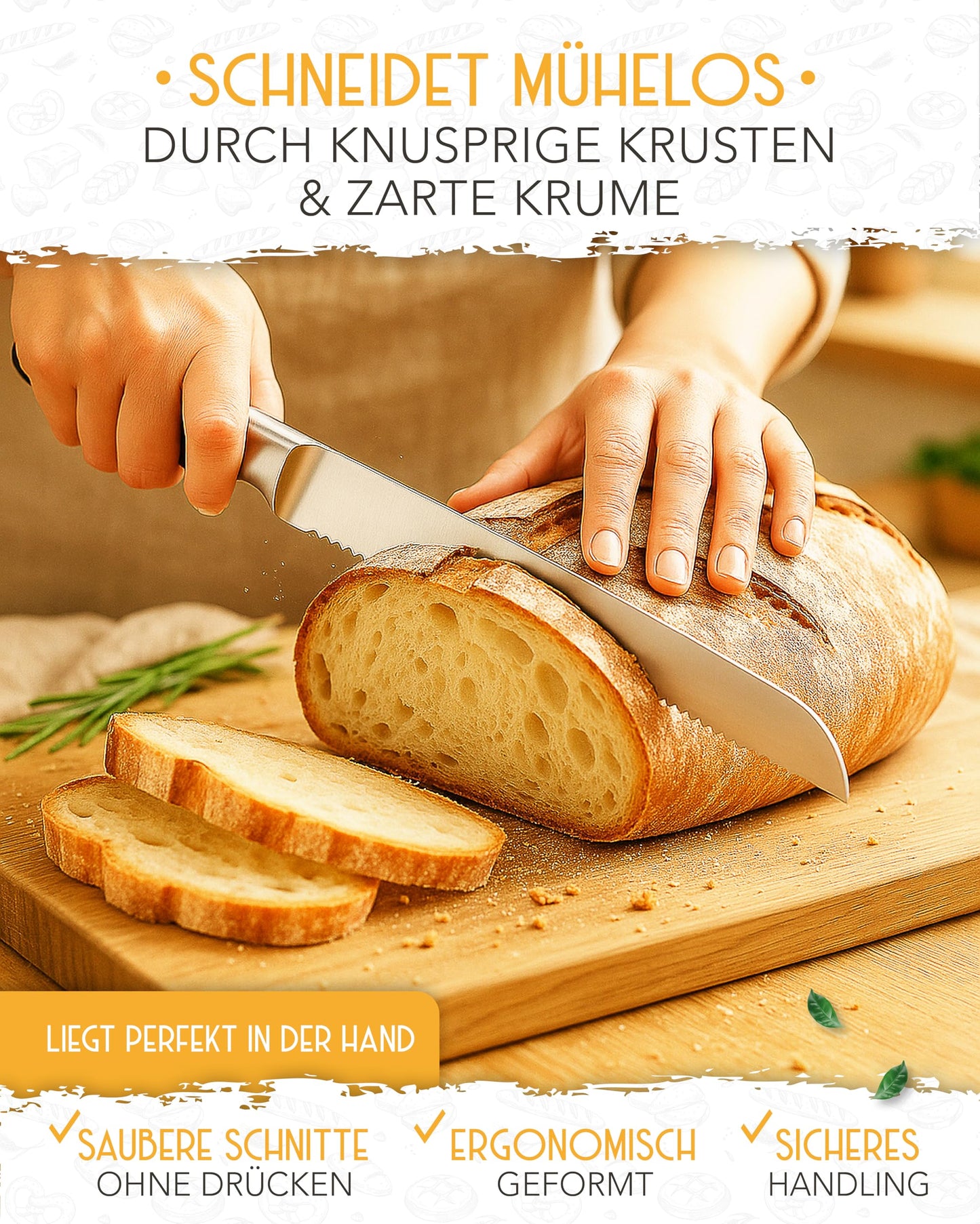 "KRUSTENZAUBER 26cm bread knife with serrated edge - Sharp bread cutting knife made of stainless steel for precise and effortless bread slicing, cutting knife for bread, kitchen knife and serrated knife"