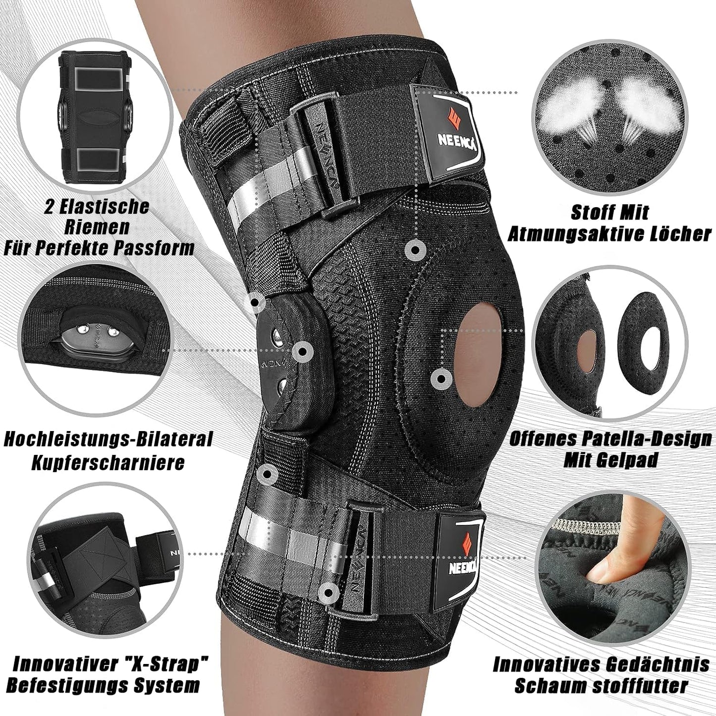 NEENCA Knee Brace for Knee Pain, Knee Support with Hinge and Patented X-Strap Attachment System, Provides Strong Stability for Pain Relief, for Arthritis, Meniscus Tears, ACL, PCL, MCL