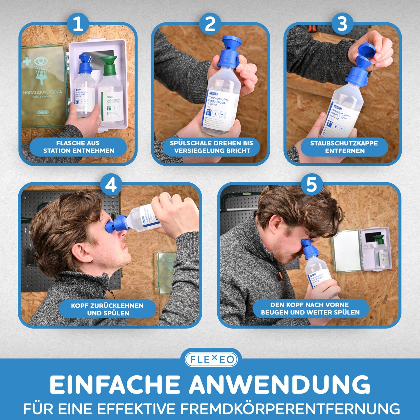 FLEXEO Eye wash station incl. (1x 500 ml NaCl saline solution + 1x 250 ml phosphate buffer solution) with wall mount – eye flushing – eye shower – sterile NaCl eye wash solution – pH-neutral