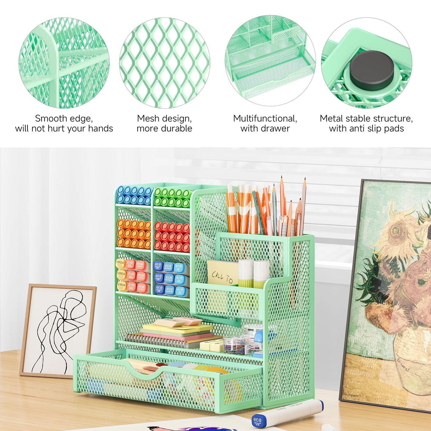 VITVITI Desk Organizer, 10 Compartments Pen Holder with Drawer, Metal Mesh Pen Stand, Desk Pen Holder for School Home Office (Green)