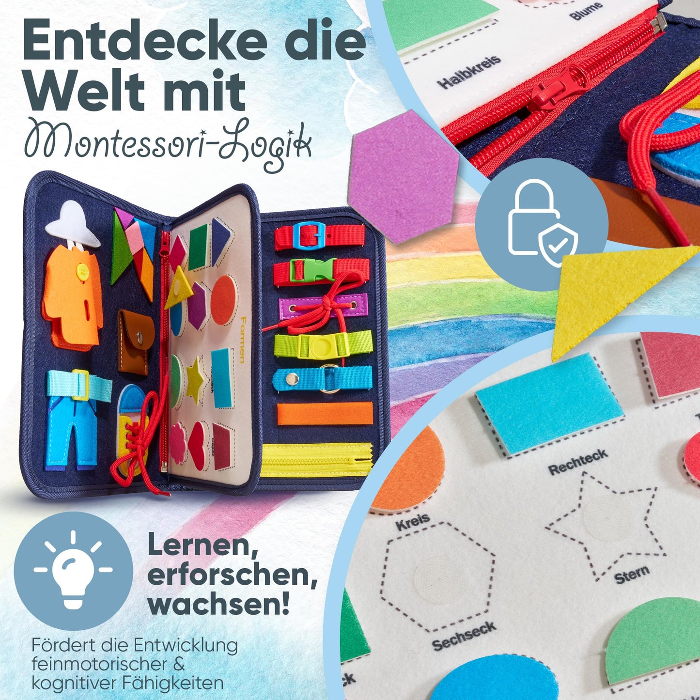 AnToniMahoni Montessori Busy Board German toy for 1 2 3 4 year olds, Activity Board motor skills toy, gift for boys girls, baby educational toy basic skills, motor skills game for travel