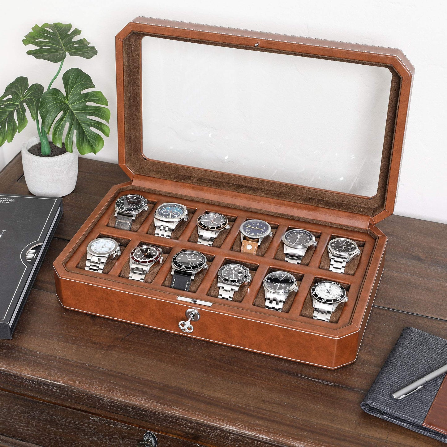 ROTHWELL 12 Slot Leather Watch Box for Men - Luxury Watch Case Display Organizer, Men's Storage Boxes Holder with Large Glass Lid (Black/Gray)