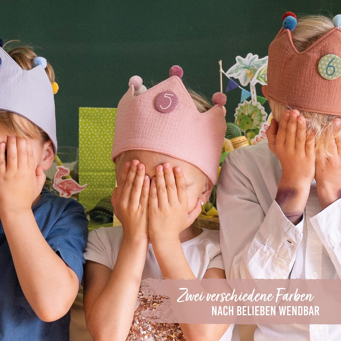 Paper Dragons Birthday Crown Muslin with Numbers - Pink - for Children's Birthday - Crown made of muslin fabric with button numbers from 1-8 | Party decoration hat for boys & girls