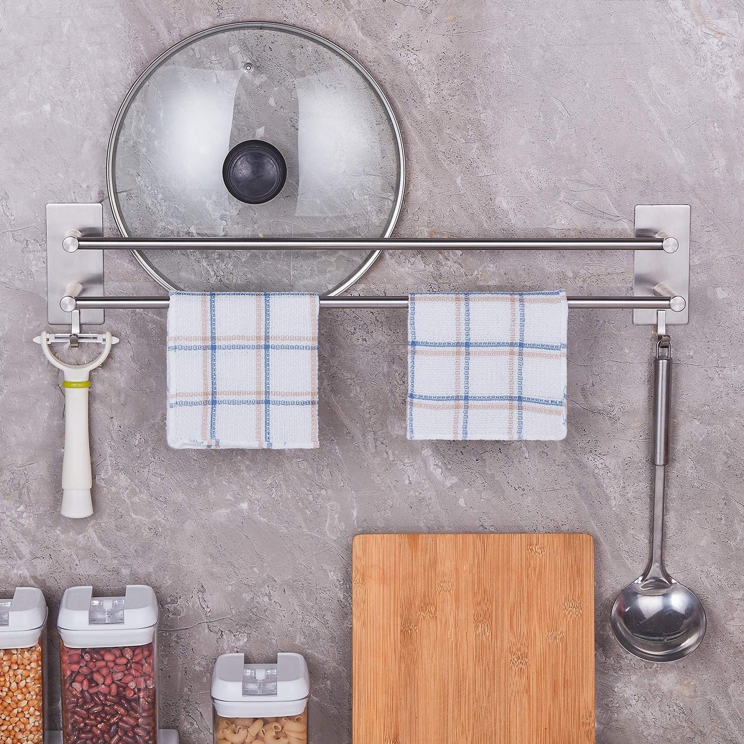 JS towel holder without drilling, stainless steel dish towel holder, self-adhesive bath towel holder with 2 hooks, wall mounted for bathroom or kitchen.