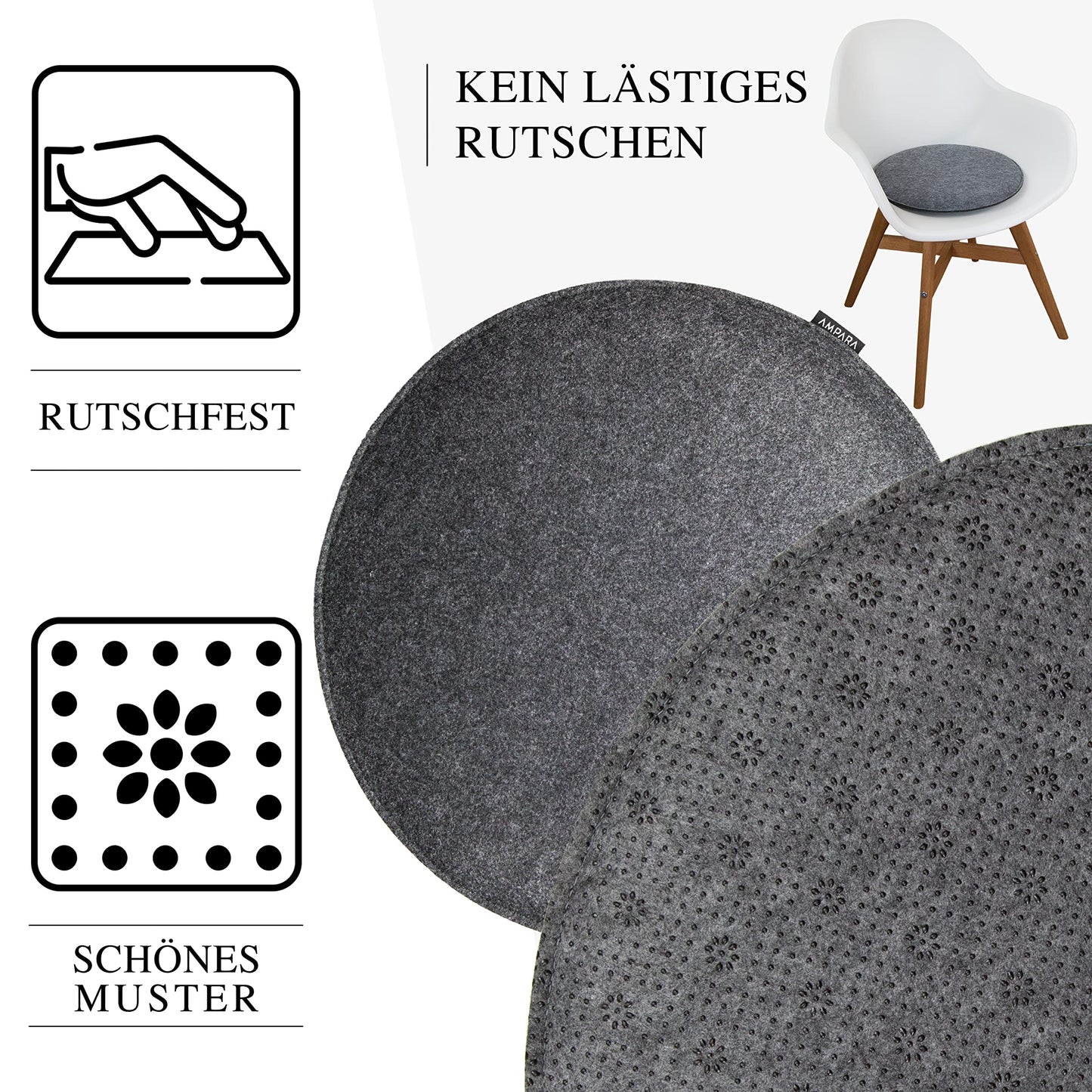 Ampara - Set of 4 - Elegant round chair cushions 40cm - non-slip & comfortable, round felt seat cushions, grey