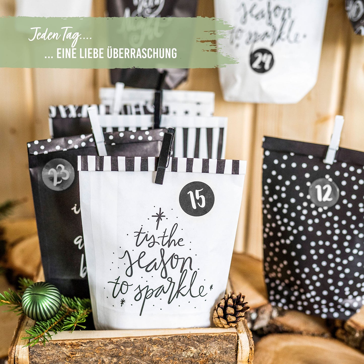 Paper Dragons Advent Calendar 2025 for filling - 24 black and white printed gift bags and 24 number stickers - Design Holy Night black & white - for crafting and gifting - Christmas