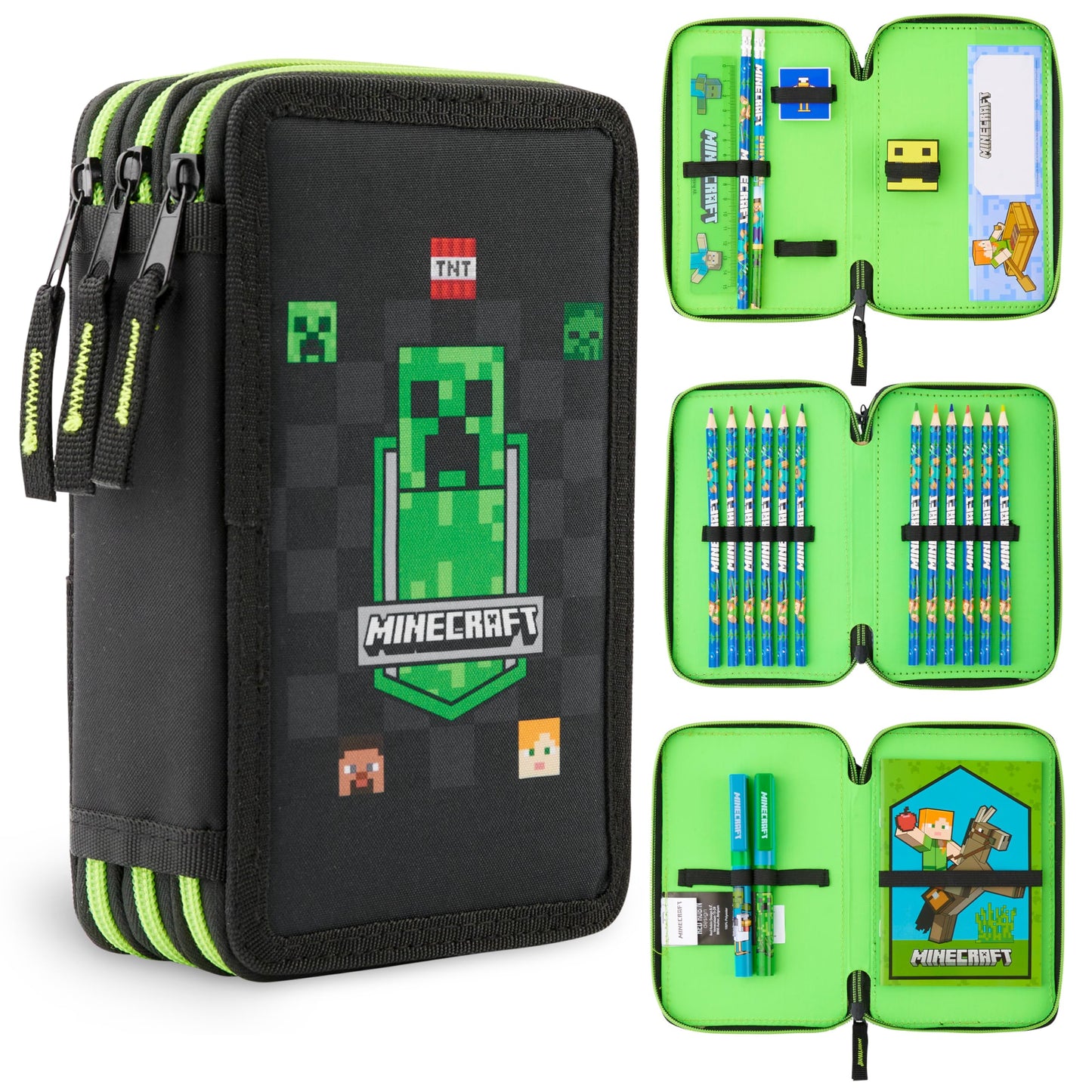 Minecraft pencil case for boys and girls filled with Creeper stationery, gamer gifts for kids and teenagers. (Black AOP)