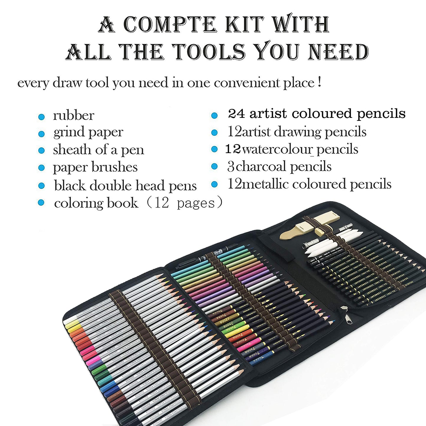 Watercolor pencils, colored pencils, sketching art set, drawing accessory set, and large pencil case, drawing pencil set for artists, beginners, students.