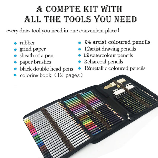 Watercolor pencils, colored pencils, sketching art set, drawing accessory set, and large pencil case, drawing pencil set for artists, beginners, students.