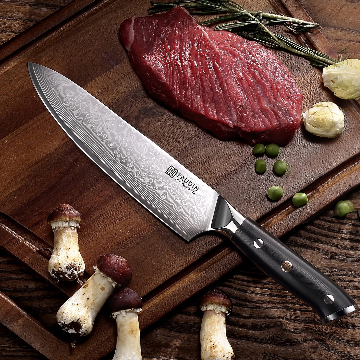 PAUDIN 8 inch Damascus Chef Knife, Kitchen Knife with Ergonomic G10 Handle, Sharp Japanese VG10 Steel Blade.