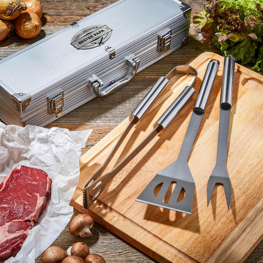 AMAVEL stainless steel BBQ set with utensils and engraving "Grillmaster & Best Dad", spatula, fork, and tongs, Father's Day gifts, gifts for men.