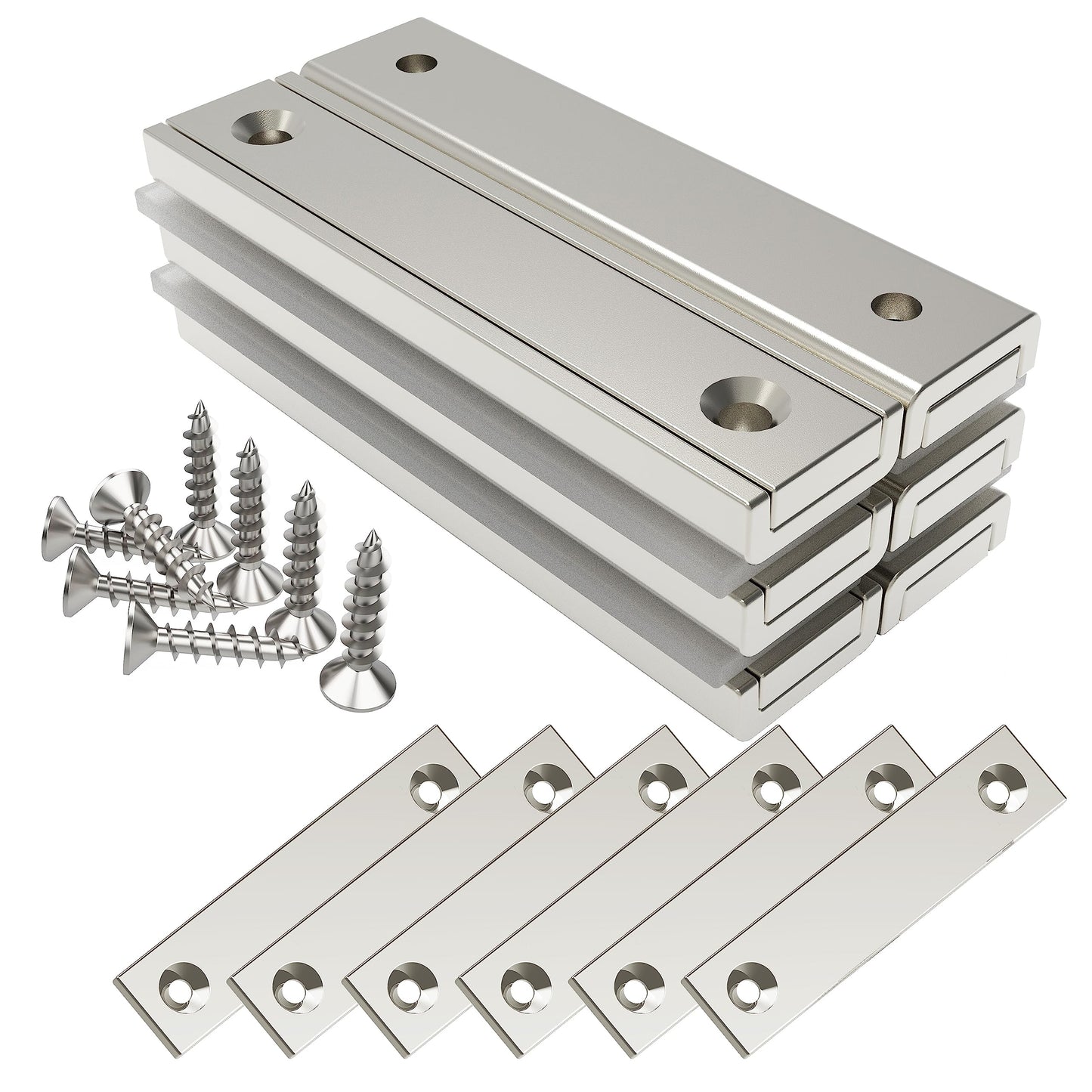 MagneticPro 6pcs Rectangle Magnets 30kg Force 60x13.5x5mm with Countersunk Holes and Steel Cup, Household and Industrial Pot Magnet with Screws.