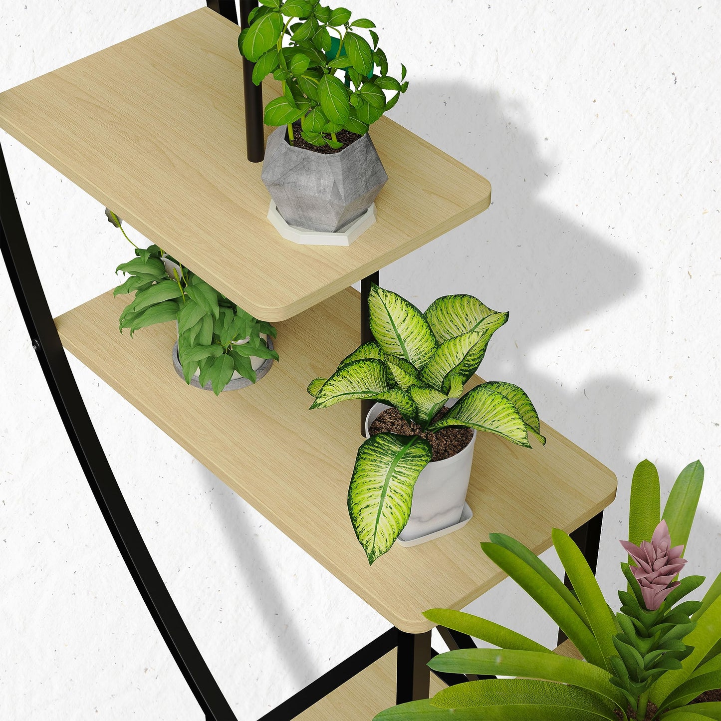Ribelli 5-tier metal plant stand in half-moon shape 172cm, plant shelf with 5 shelves & hooks, tall flower stand plant ladder with tip-over protection for balcony living room terrace (1 piece, brown)