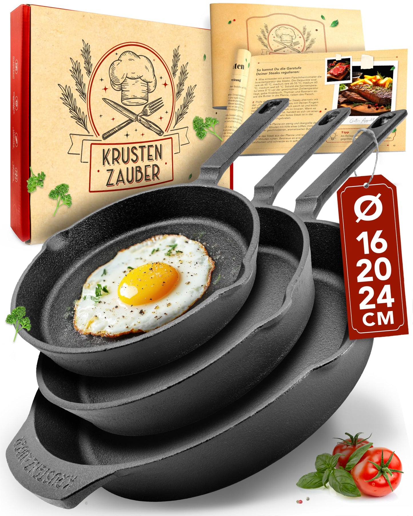 CRUST MAGIC 16+20+24cm cast iron pans induction - Pre-seasoned cast iron pans - Ideal grill pan for induction, iron pan, cast iron pan, frying pan, cast iron skillet pan.