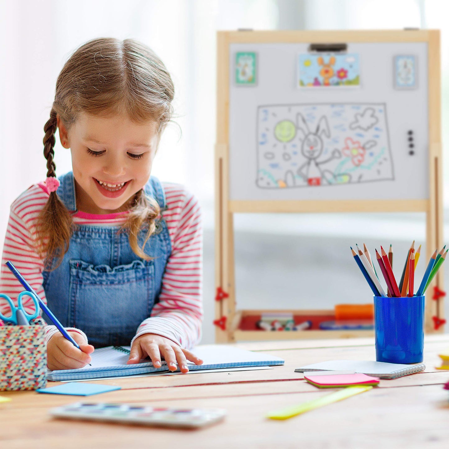 Relaxdays kids' easel, whiteboard and chalkboard, adjustable height, wooden stand, 102-135 x 55 x 52 cm, natural, light brown, white, dark green.