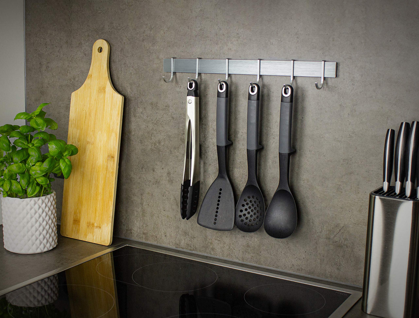 Hamburg Design Factory 40cm Hook Rail self-adhesive Kitchen Rail for Kitchen Utensils | Kitchen holder without drilling | 6 movable hooks | Modern design Silver Gray