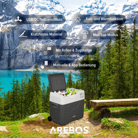 Arebos compressor cooler box with wheels 47L Electric freezer box with APP & smart control Cooling and heating function Mobile cooler with USB port 12/24 V 230V for car, truck, camping, boat, motorhome