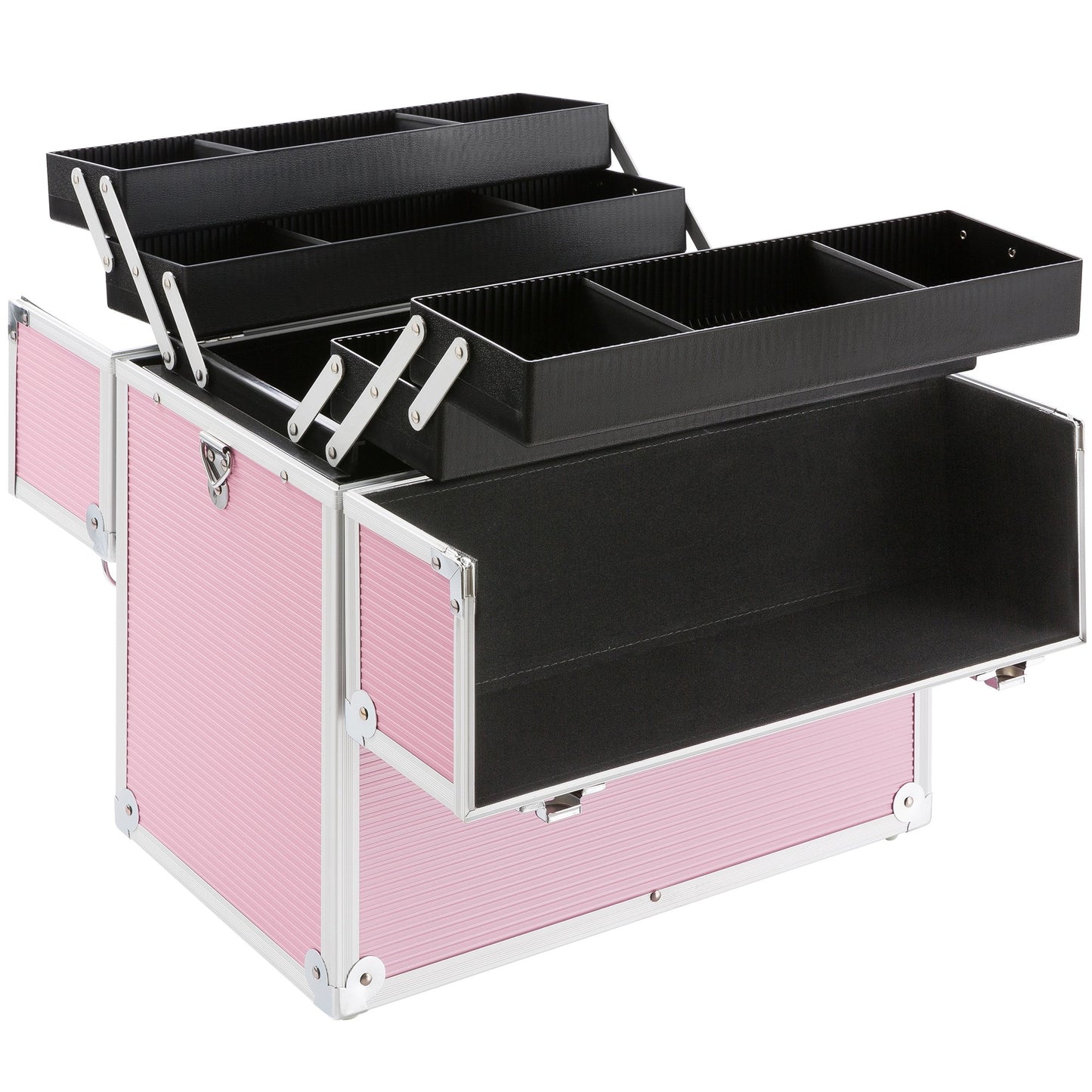 Arebos cosmetic case | 26L | with carrying strap | 13 compartments | aluminum | with lock & key | fold-out shelves | customizable with 8 dividers | 39 x 36 x 23 cm | Pink.