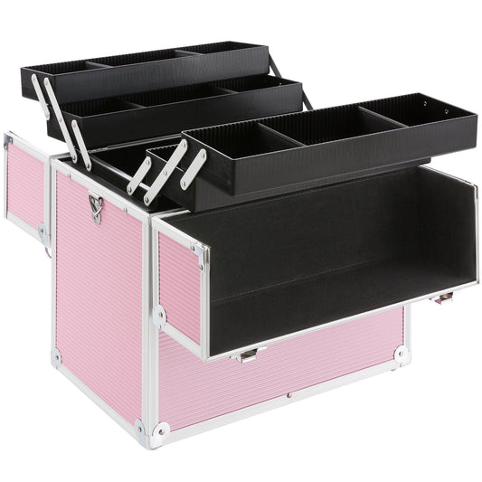 Arebos cosmetic case | 26L | with carrying strap | 13 compartments | aluminum | with lock & key | fold-out shelves | customizable with 8 dividers | 39 x 36 x 23 cm | Pink.