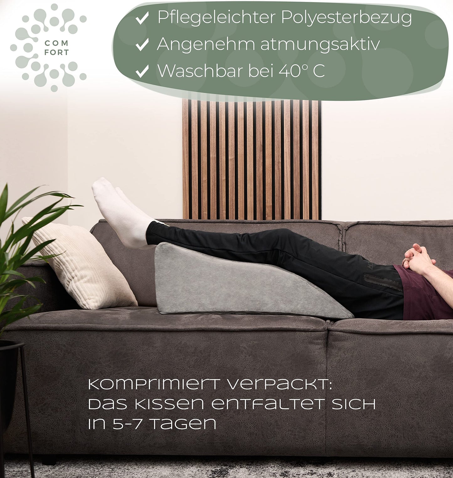 Ergonomic leg wedge pillow for elevating legs - leg rest cushion for raising legs - leg elevation pillow - wedge pillow support for legs & knees ideal as lymphatic and vein support for both legs.