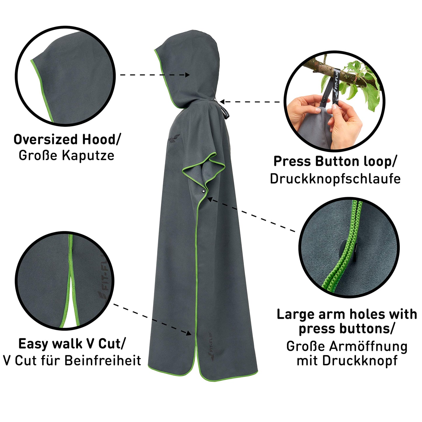 Fit-Flip Surf Poncho Microfiber - Changing Robe for Beach - Adult Beach Towel - Quick Dry Bathrobe - Surfing Beach Poncho - Ultralight Surf Ponchos (Size M, Dark Gray/Green)