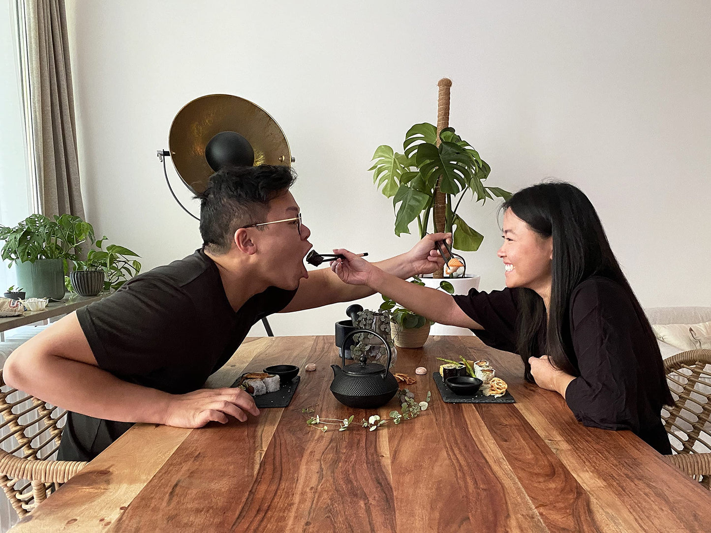 Soypi Sushi Set for 2 - black, 10 piece sushi dish set with chopsticks, slate plates, trays, bowls, delivered in high-quality gift box as a perfect couple's gift.