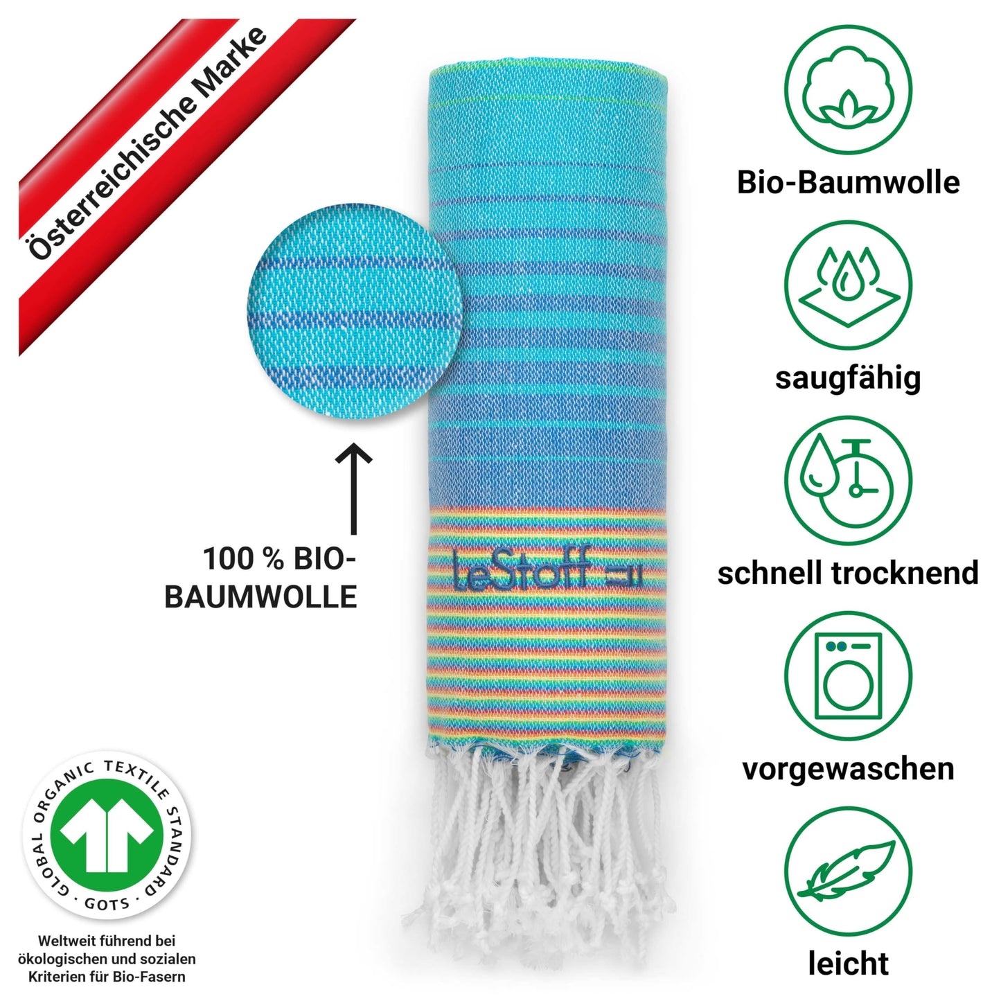 LeStoff Hammam towel - 100% organic cotton, 95 x 180 cm, pre-washed, absorbent, quick-drying, lightweight, compact, sand-free, beach towel, travel towel, bath towel, large hand towel, lounging towel (Rainbow)