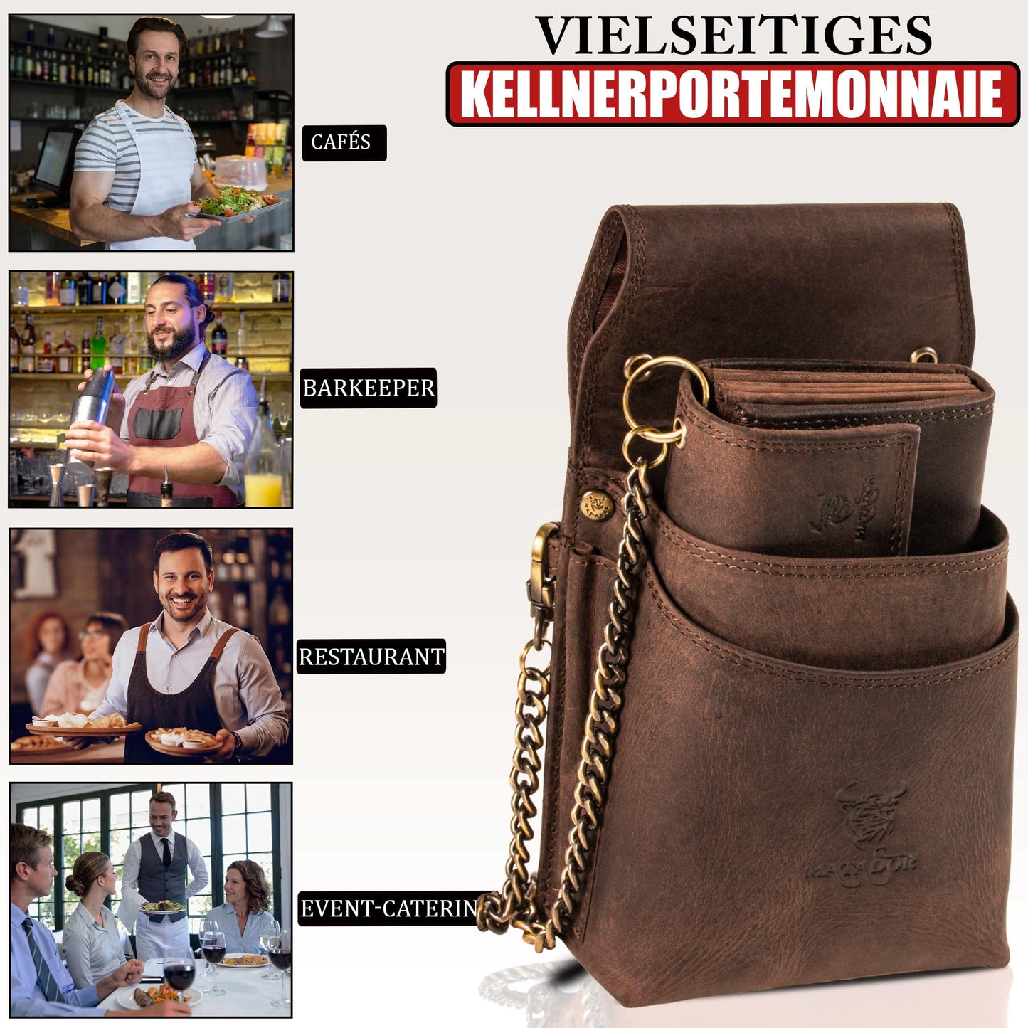 MATADOR waiter's purse leather #VICIO incl. XXL waiter bag with belt loop, luxury waiter wallet leather with elegant gift box and RFID protection incl. sturdy metal chain, Dark Brown