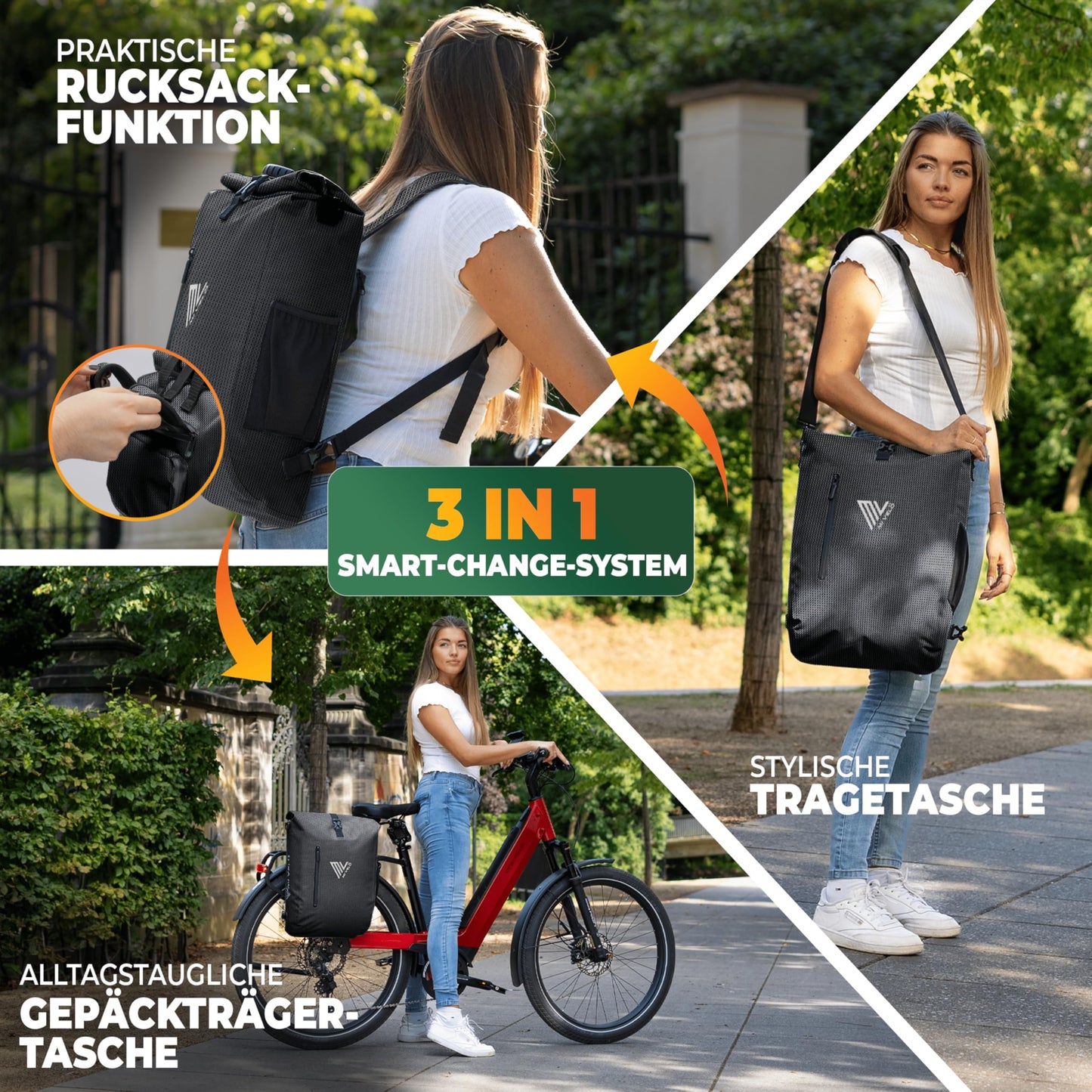 MIVELO - 3in1 bike bag for luggage rack, 100% waterproof & PVC-free, bike bag backpack & shoulder bag, bike bag luggage rack bag (Black-Reflective)