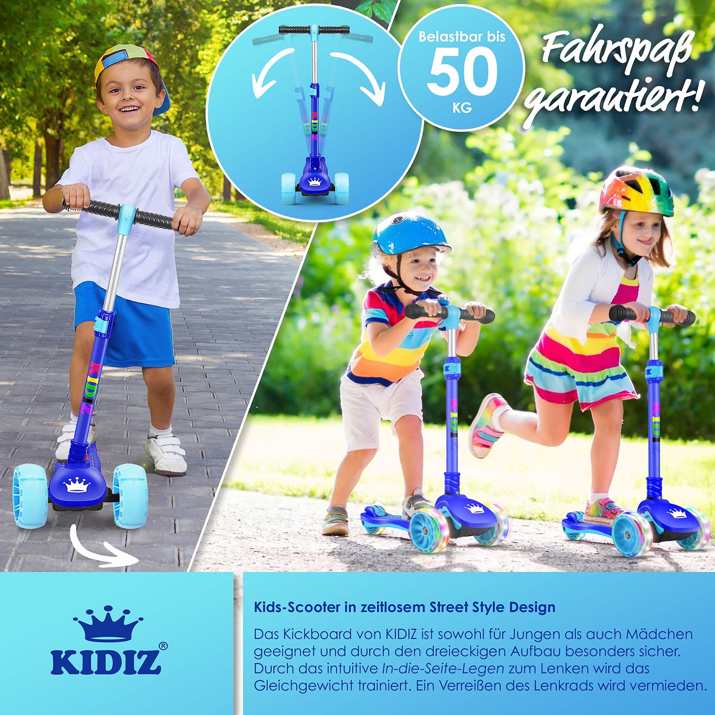 KIDIZ® Roller Kids Scooter X-Pro2 Trike Scooter with PU LED Light-Up Wheels Children's scooter foldable kick scooter adjustable height city scooter kids scooter for boys girls 3-12 years, Blue