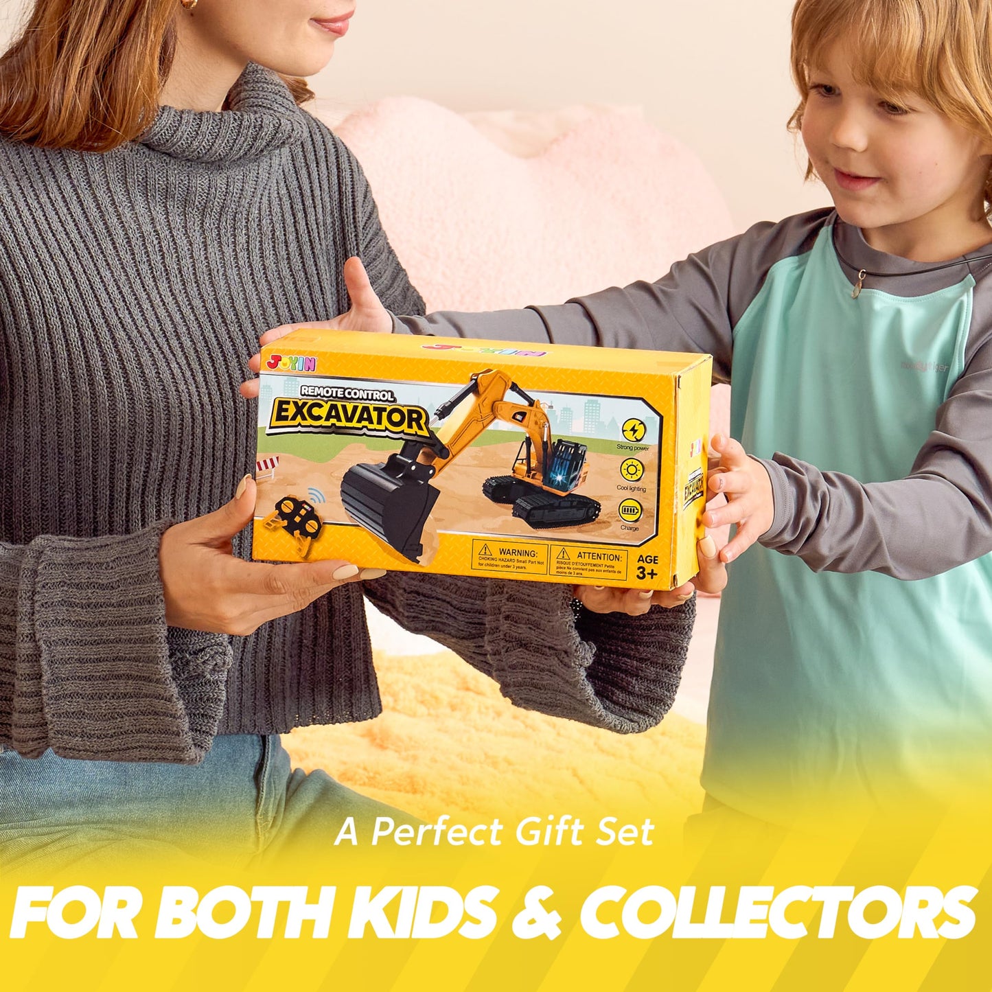 JOYIN Remote Control Excavator Toy for 3 4 5 6 7 8 9 Year Old Boy, 2.4 GHz Excavator RC Toy Cars with Light and Sound, Birthday Gift