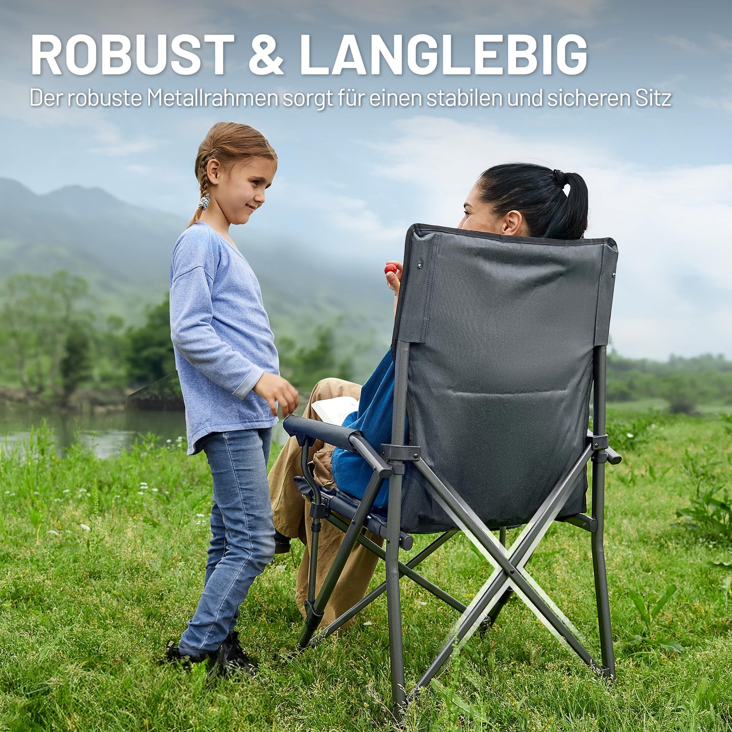 TIMBER RIDGE folding camping chair with high backrest, 150kg capacity, portable with drink holder, sturdy armrest. Perfect for picnics, garden, balcony, and sports events.