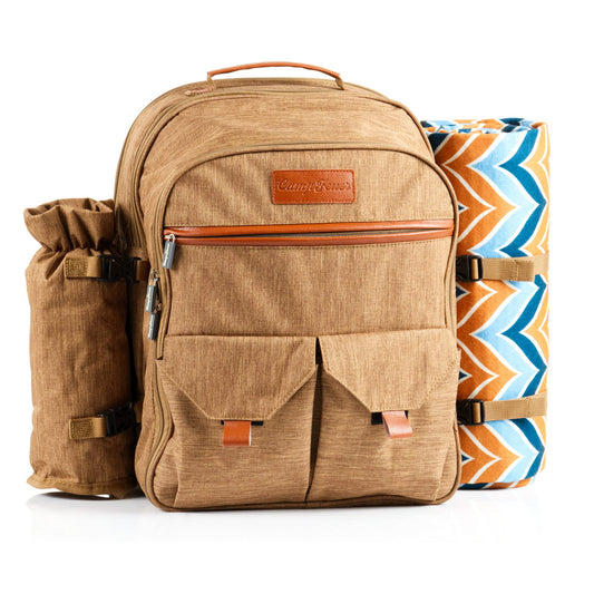 CampFeuer picnic backpack for 4 people | brown | 32-piece picnic set | including bottle holder and fleece blanket, large cooler compartment, tableware and cutlery | backpack with camping dishes, picnic set