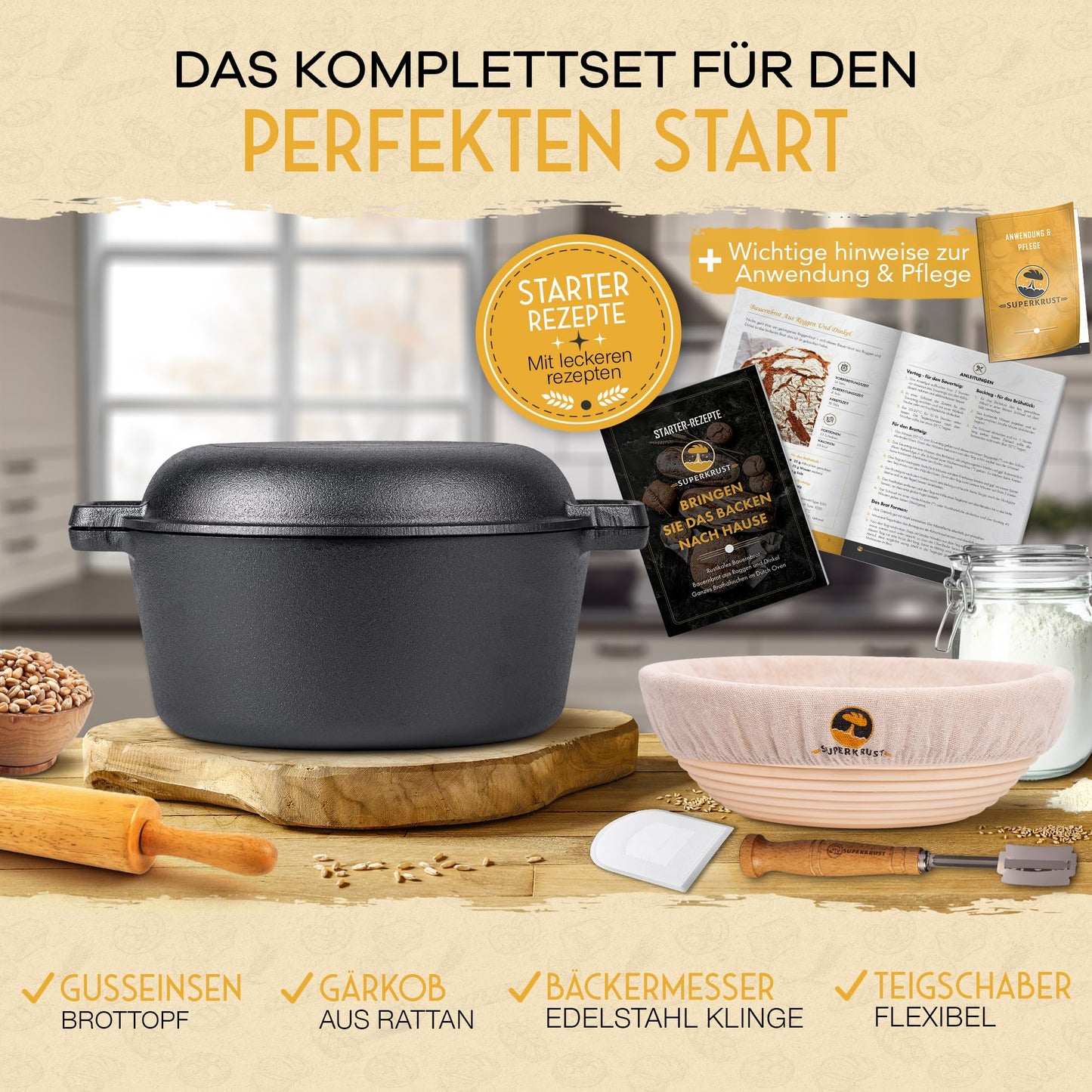 SUPERKRUST Cast Iron Pot Bread Baking including proofing basket, baker's knife & dough scraper - bread baking form with lid 26cm - Ideal bread pot, cast iron pot bread baking, bread baking accessory, bread form.