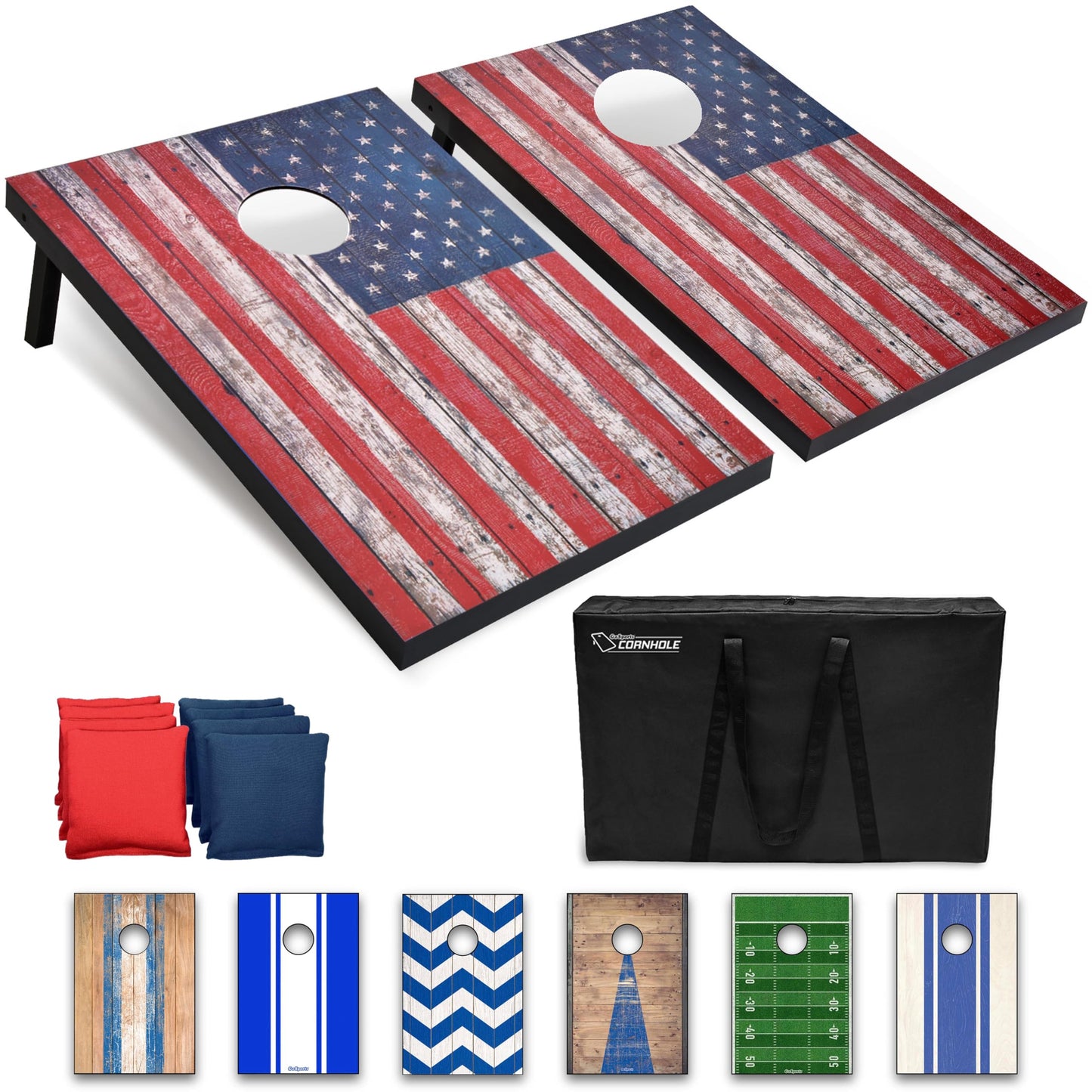 GoSports Cornhole Game Set with American Flag design, 90 x 60 cm, includes two 90 x 60 cm boards, 8 bean bags, and carrying case.