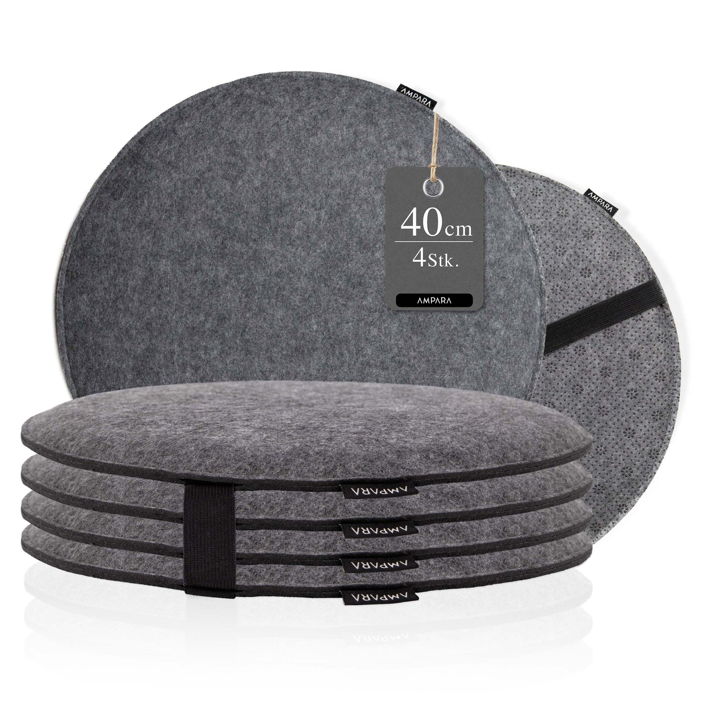 Ampara - Set of 4 - Elegant round chair cushions 40cm - non-slip & comfortable, round felt seat cushions, grey