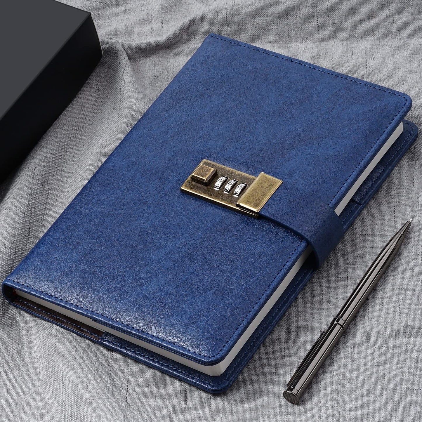 WEMATE Diary with Lock, A5 PU Leather Journal with Lock 240 Pages, Vintage Lock Journal with Pen & Gift Box, Lockable Diary for Women & Men, 8.6x5.8in (Blue)