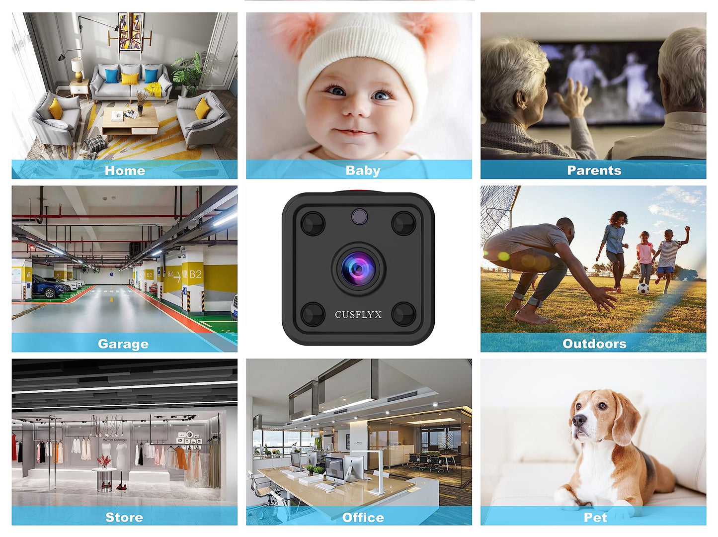 4K mini camera, CUSFLYX Cloud WIFI portable surveillance camera, battery operated, motion detection, IR night vision, nanny pet home office garage, wide angle, easy installation TF card recording.