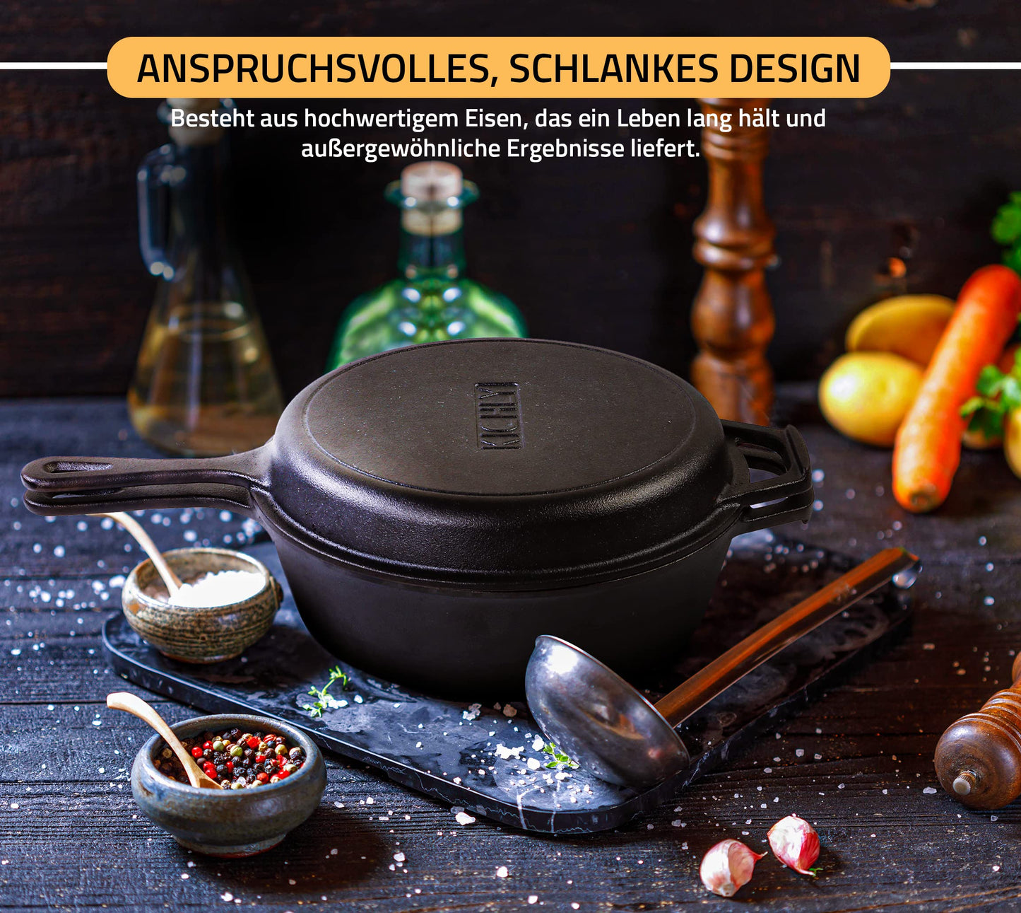 KICHLY Pre-Seasoned Dutch Oven Fire Pot - Dual Function Roaster Cast Iron Pot - Cast Iron Skillet for Stove & Camping, for outdoor & indoor use - 3L/3.2 Quart Cooking Set (2 in 1)