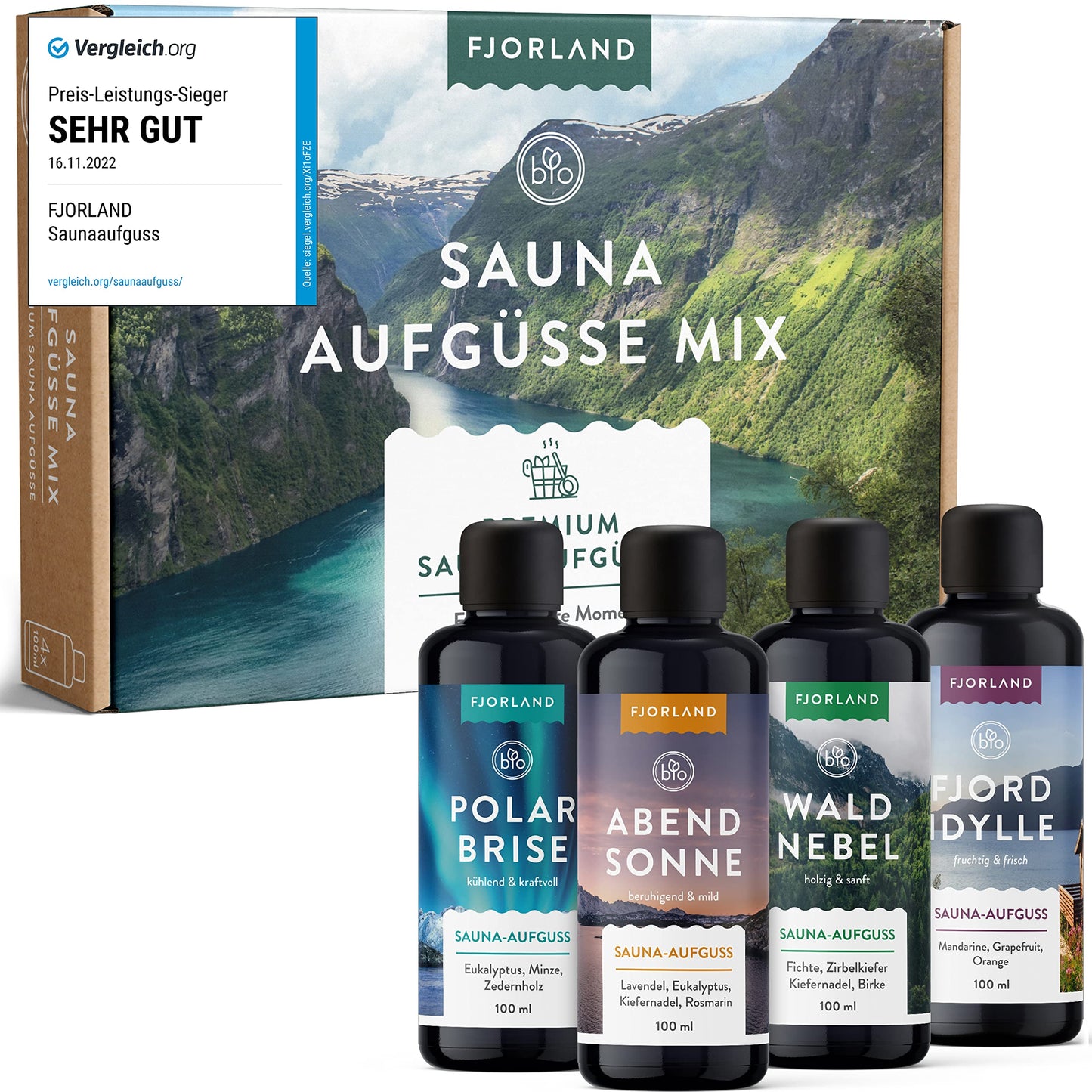 Fjorland Sauna infusion Set organic 4 x 100 ml sauna scents gift set - Essential sauna infusions in high-quality gift box