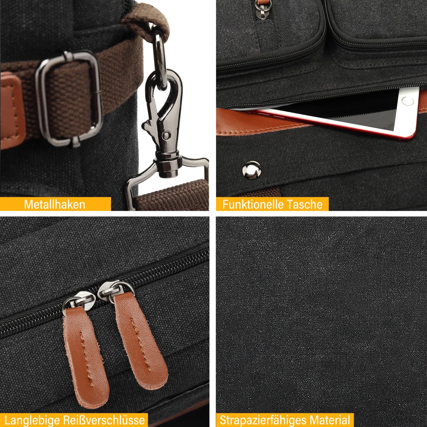 CoolBELL Convertible Briefcase Messenger Bag 17.3 Inch Laptop Bag Backpack Shoulder Bag Travel Shoulder Bag for Men/Women, Canvas Black