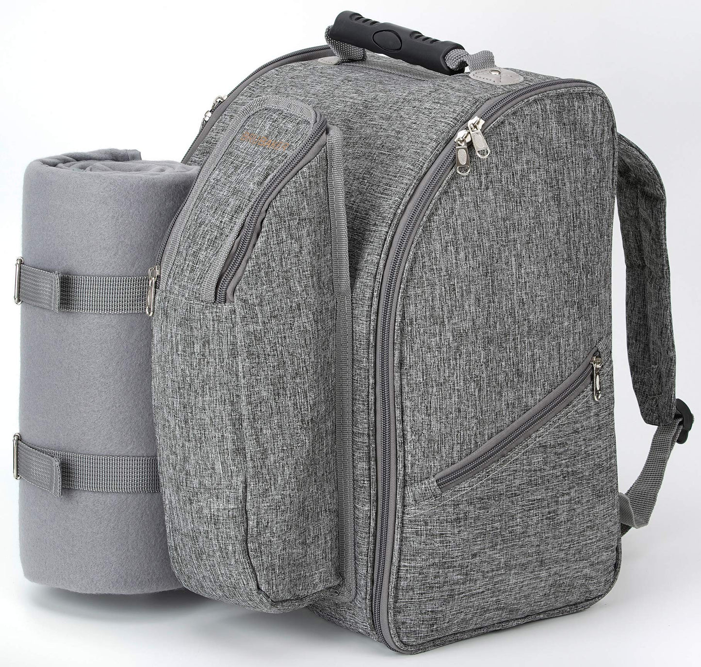 BRUBAKER picnic backpack for 2 people in grey, 28 Γ 40 Γ 22 cm - with cooler compartment, insulated bottle holder, and fleece blanket with waterproof bottom.